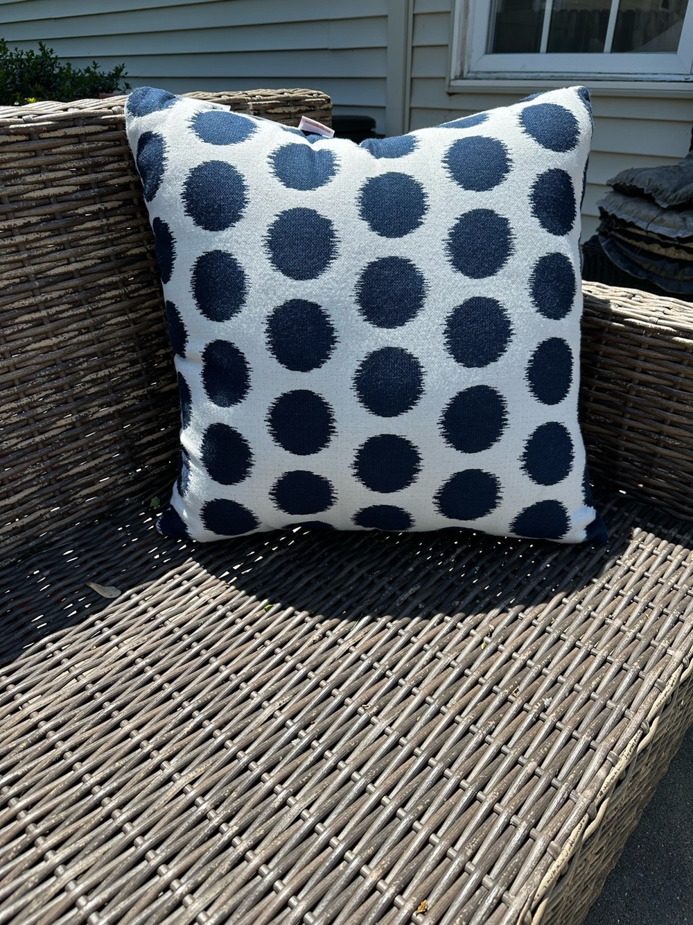 Pottery Barn, Sunbrella, square outdoor pillow 22x22 Navy Burst Polka Dot.